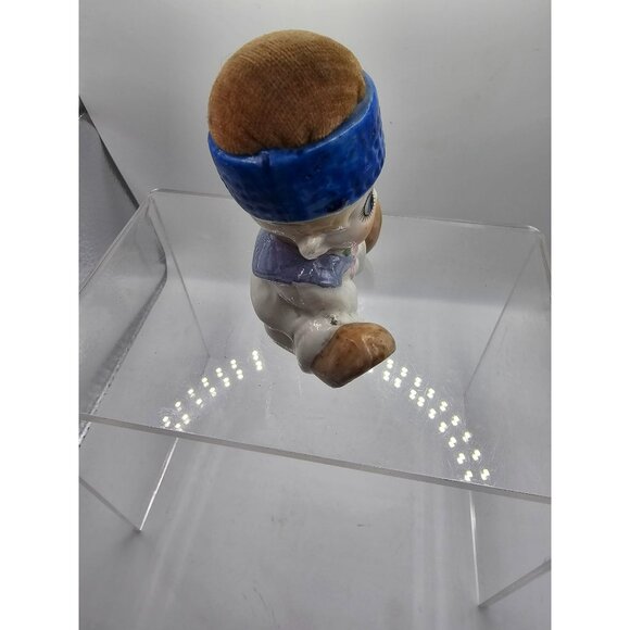 Vintage Porcelain Ceramic Big Eyed Boy Looking Surprised Pin Cushion Needle Hold - Picture 8 of 9